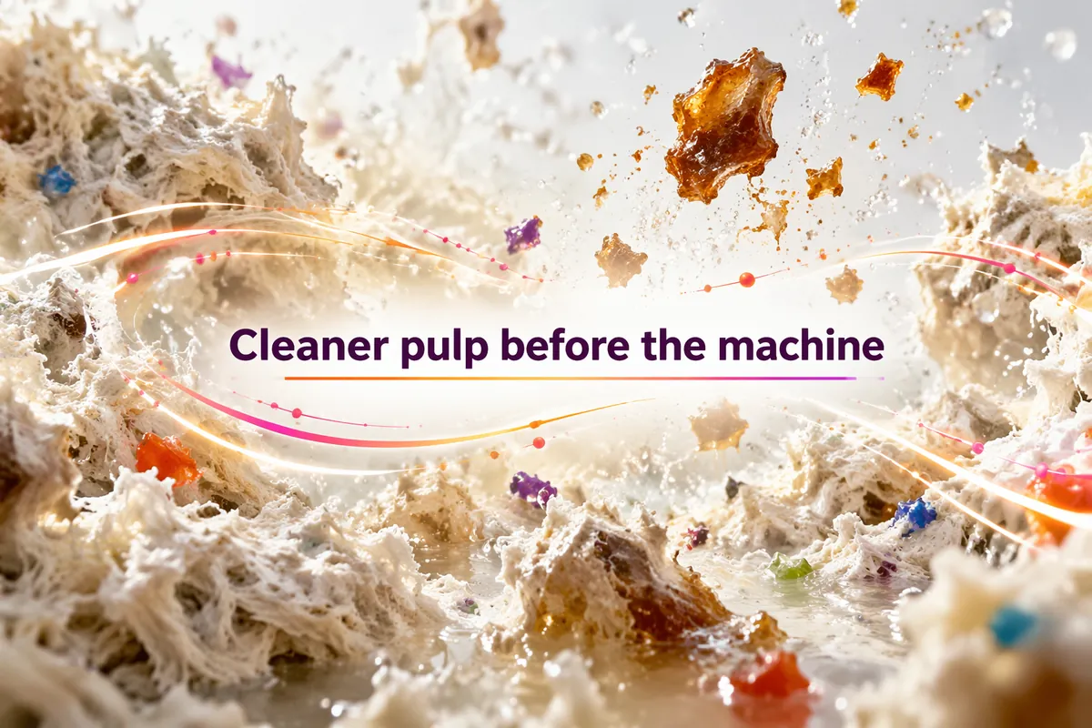 Recycled paper pulp with sticky adhesive fragments separating from the fibre before the stock reaches the paper machine